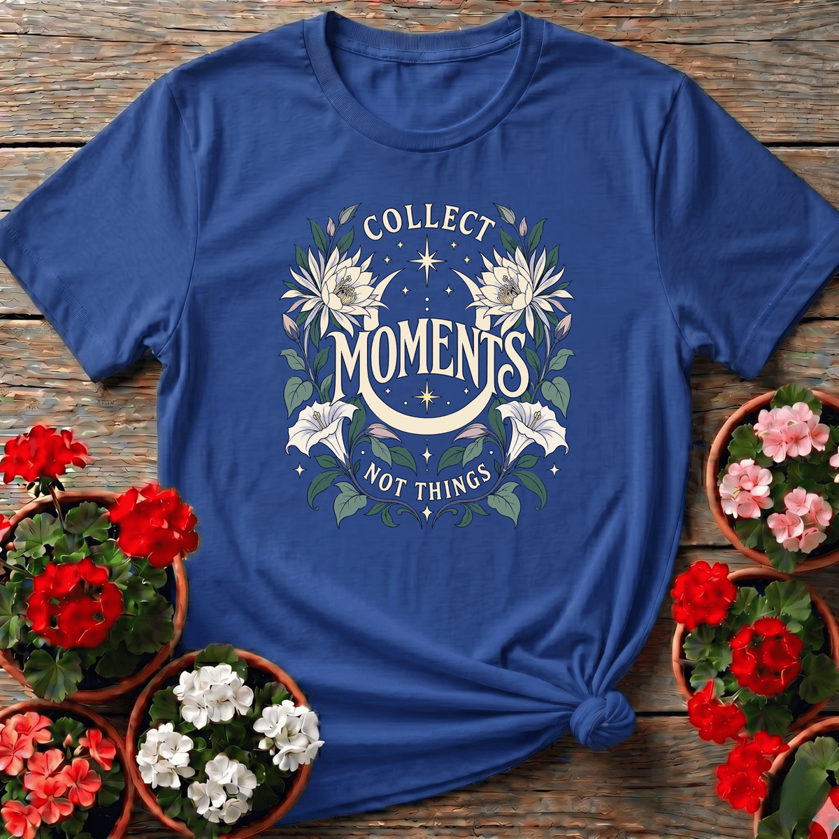 Royal celestial floral gardening shirt with "Collect Moments Not Things" moon and botanical design for garden lovers