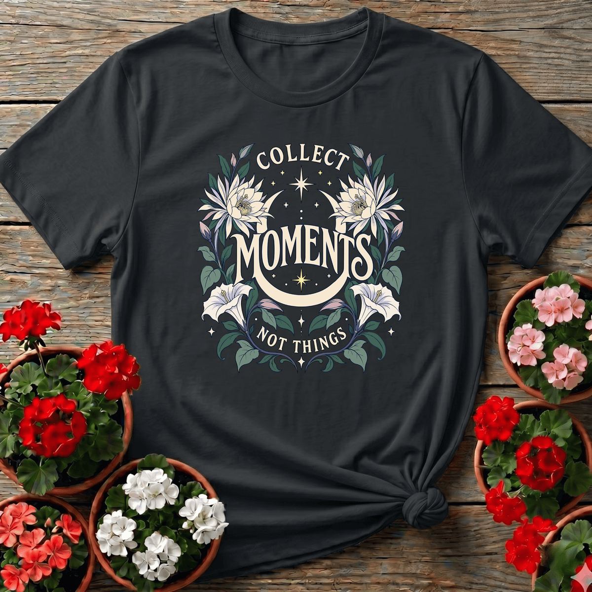 Black celestial cottagecore gardening tee with "Collect Moments Not Things" moon and floral design for mindful gardeners