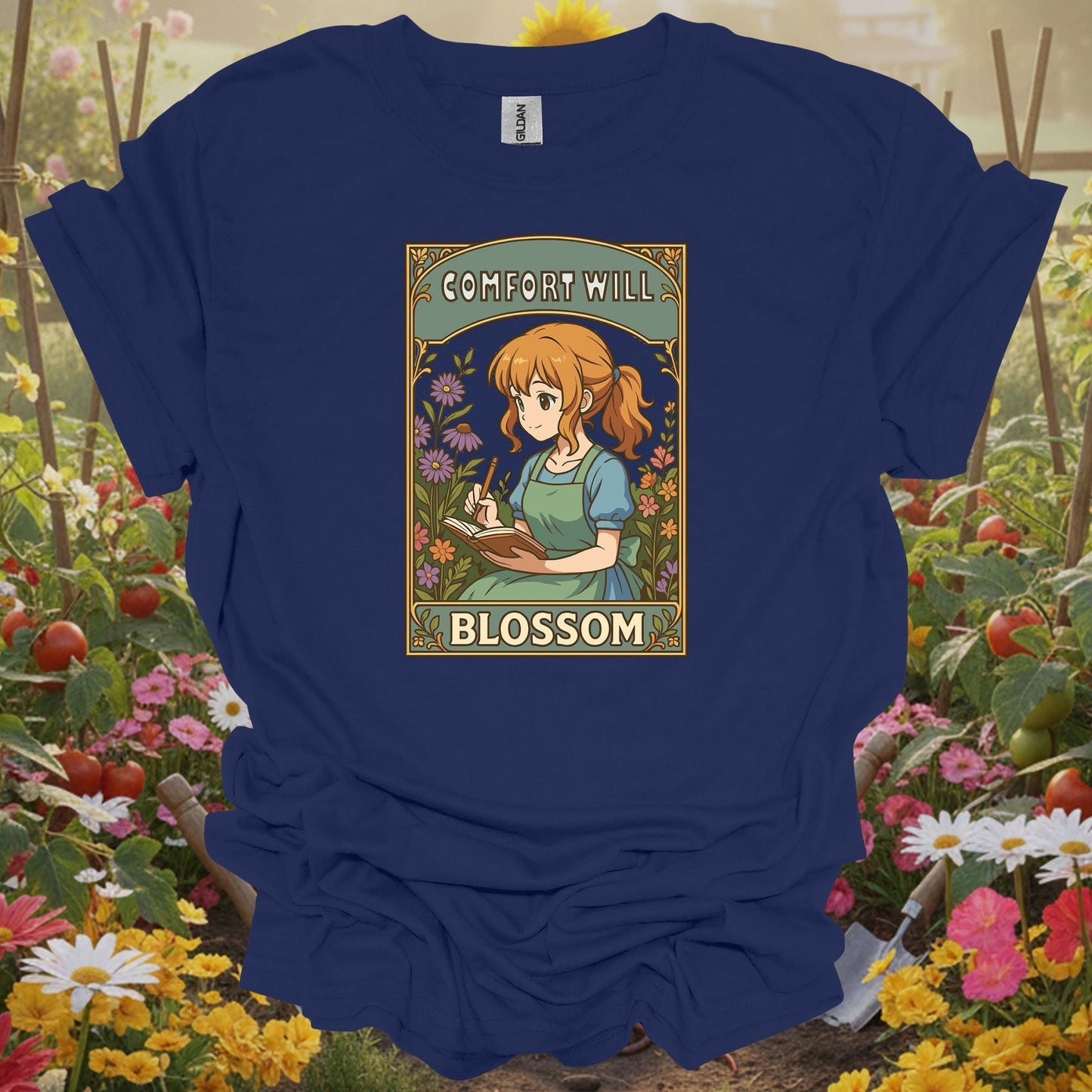 Navy shirt capturing a sense of retro-inspired storybook charm with a girl and flowers for cottage garden enthusiasts