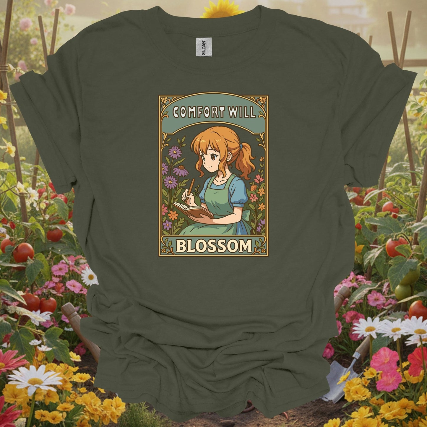 Military Green gardening tee with a balanced layout of a girl journaling among blossoms for cottage garden enthusiasts