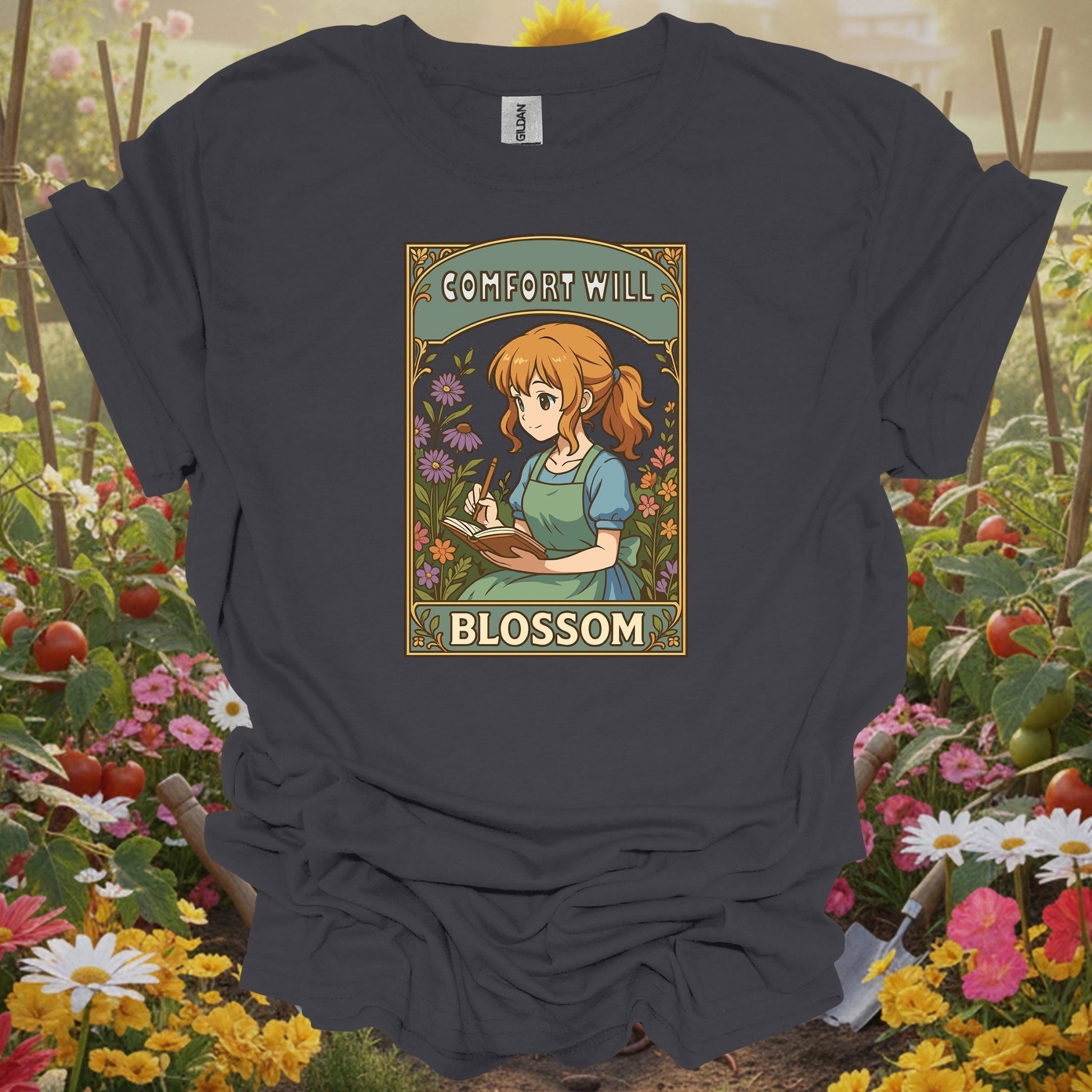 Charcoal tshirt showing a cute storybook girl writing in her journal with Comfort Will Blossom for garden journal fans