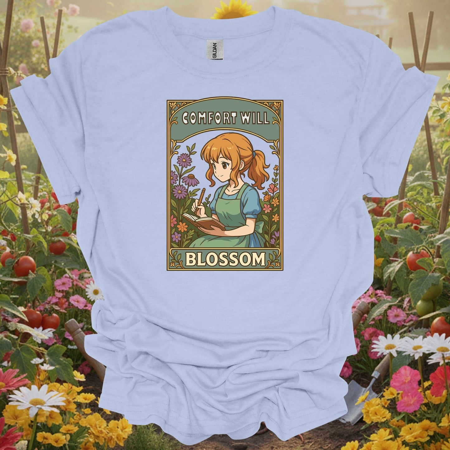 Light Blue tee with a vibrant nostalgic garden warmth illustration of flowers and a girl for mindful gardeners