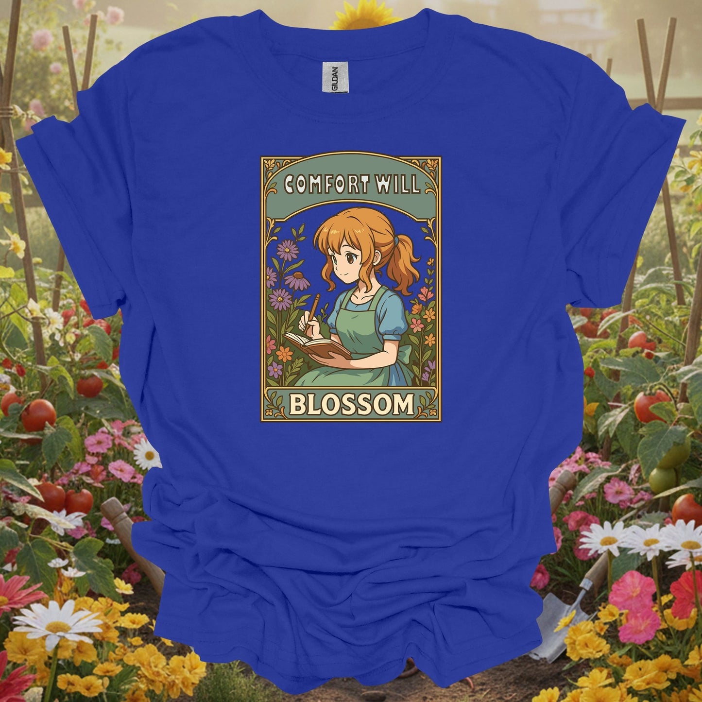 Royal T-shirt with sophisticated hand-drawn art of a gardener girl and Comfort Will Blossom for hobby farmers