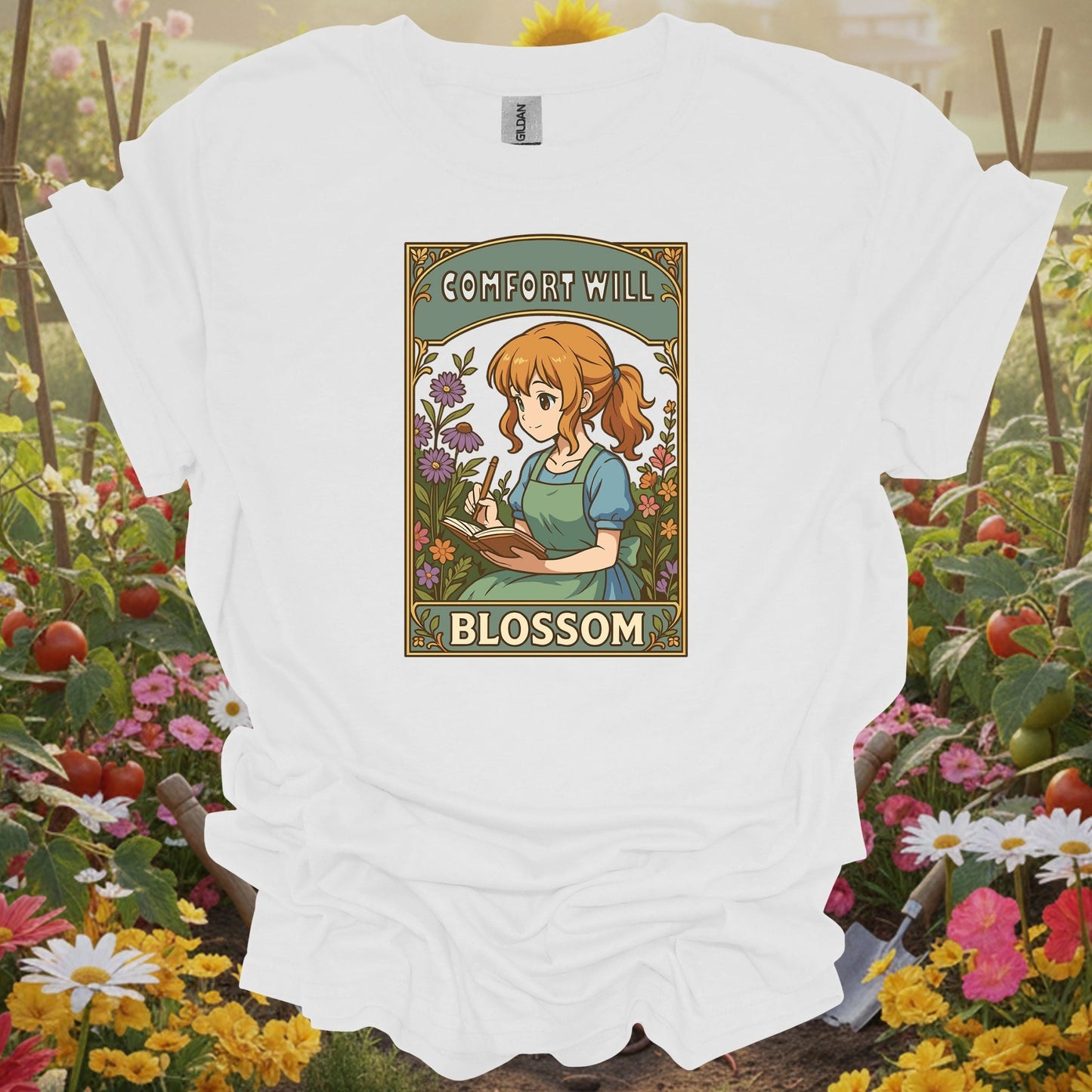 White tee with a playful narrative layout showing a girl sketching in her garden for garden journal fans