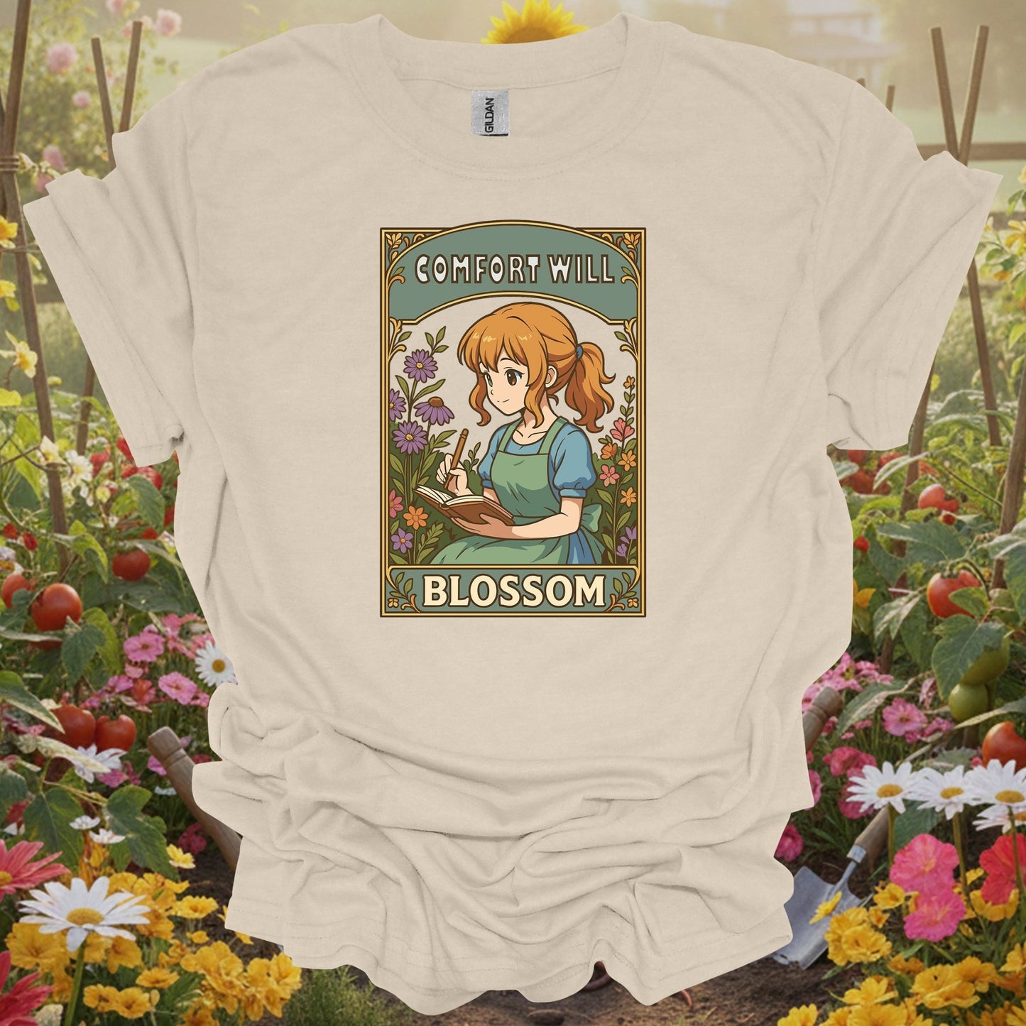 Natural top with an earthy vibe storybook art piece showing a girl in a blooming garden for hobby farmers