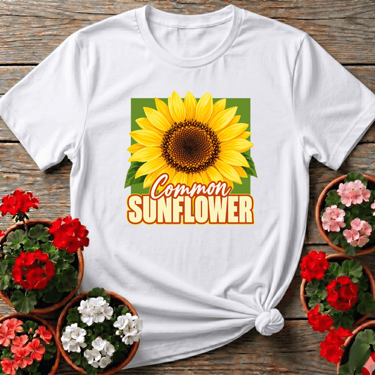 White retro seed packet sunflower shirt "Common Sunflower" for cottagecore garden lovers