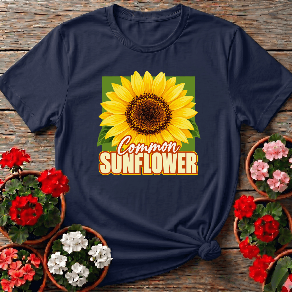Navy bold botanical sunflower gardening t-shirt "Common Sunflower" for summer garden enthusiasts
