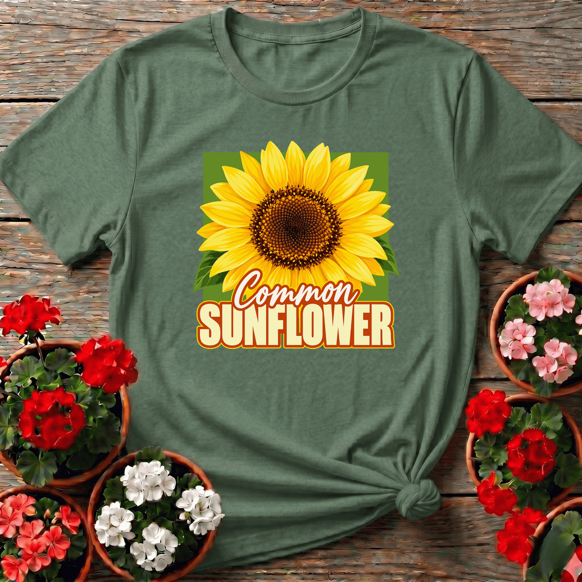 Military Green vintage seed packet sunflower gardening tee "Common Sunflower" for garden patch growers