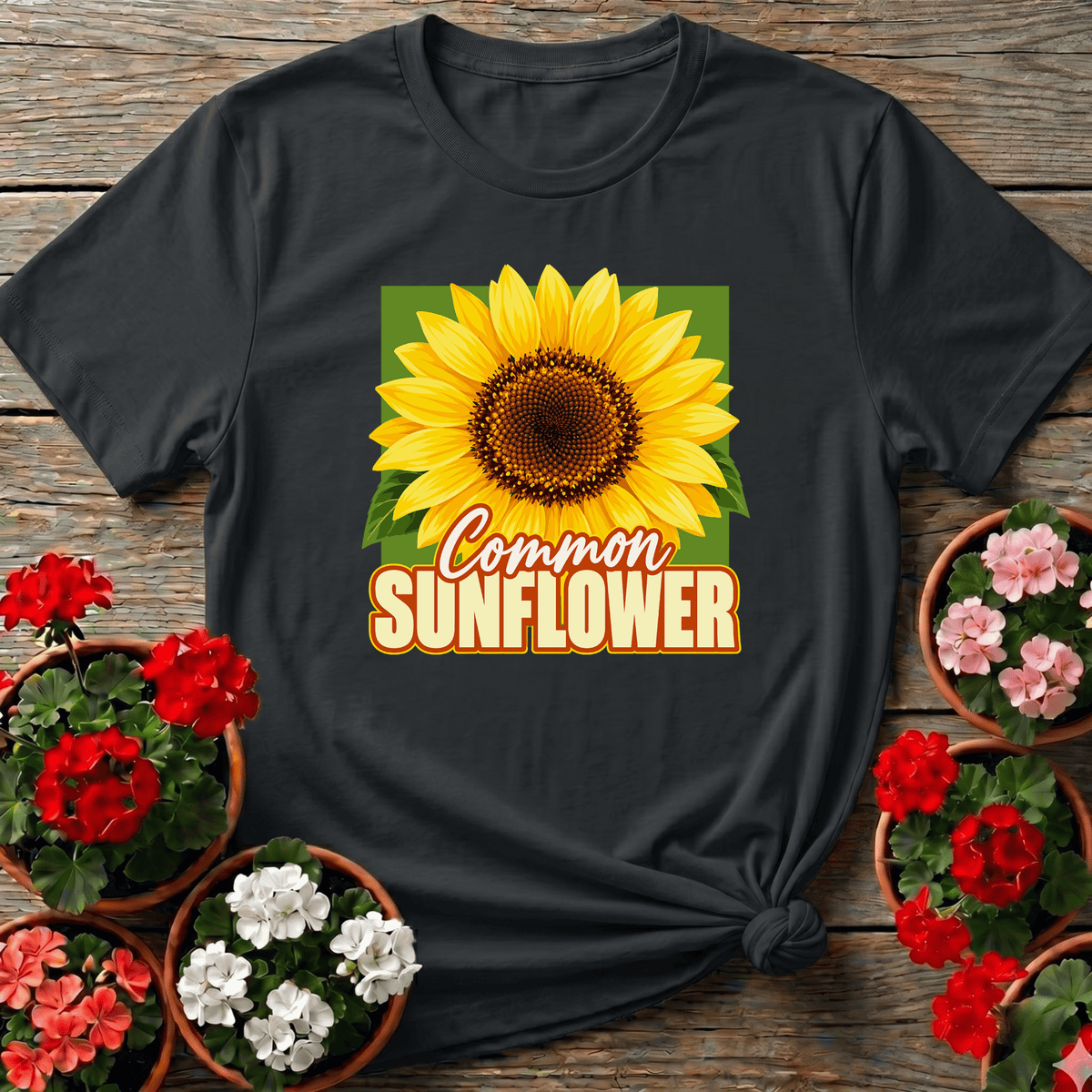 Black vintage botanical sunflower gardening tee "Common Sunflower" for sunflower patch gardeners