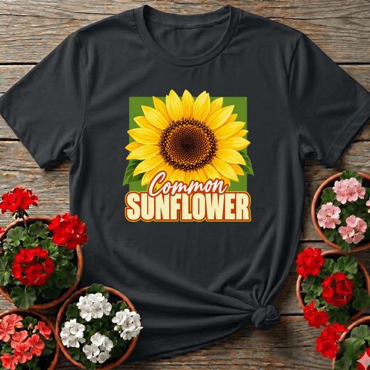 Black vintage botanical sunflower gardening tee "Common Sunflower" for sunflower patch gardeners