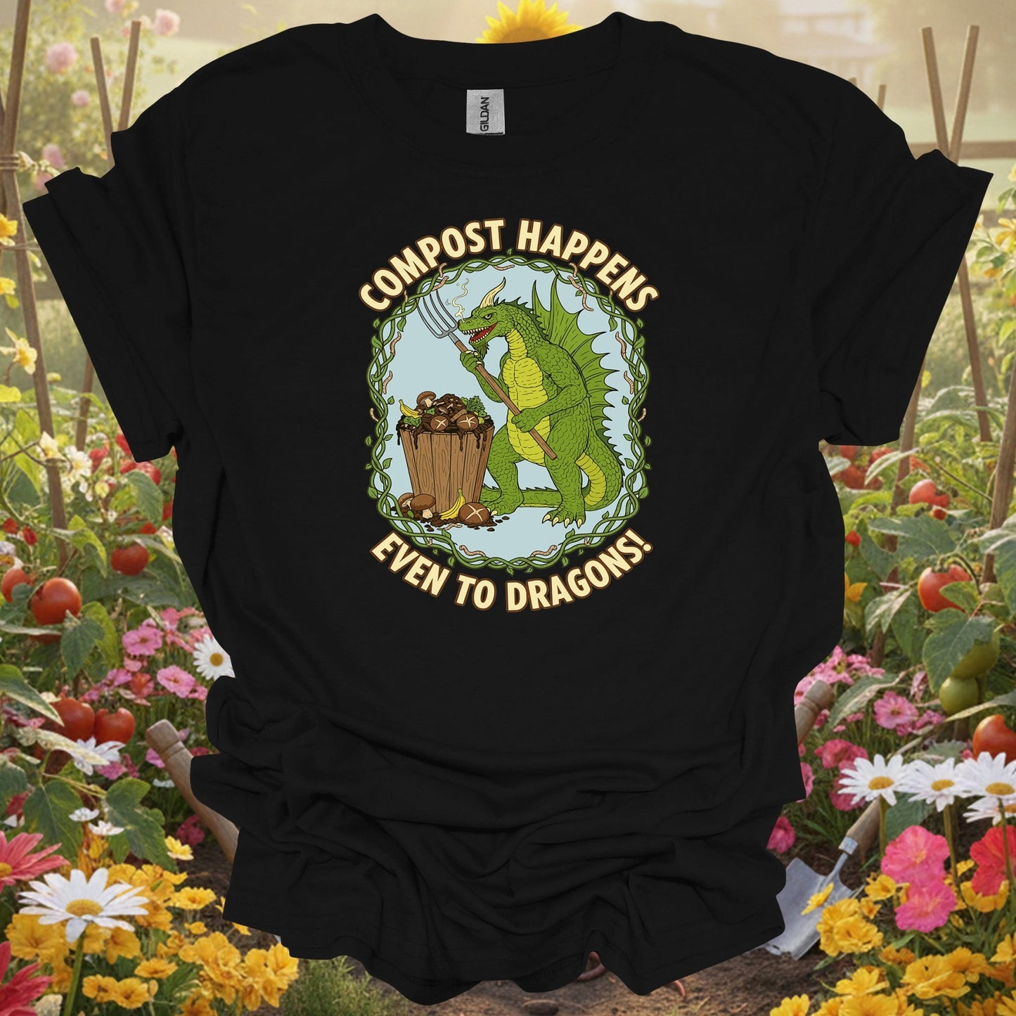 Black tshirt showing a charming garden dragon who represents the protective and patient spirit required for a successful composting project for square foot gardeners optimizing limited space