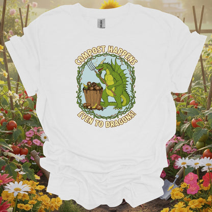 White tshirt showing a charming garden dragon who represents the protective and patient spirit required for a successful composting project for square foot gardeners optimizing limited space