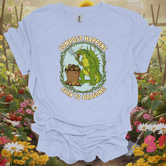 LIght blue tshirt showing a charming garden dragon who represents the protective and patient spirit required for a successful composting project for square foot gardeners optimizing limited space