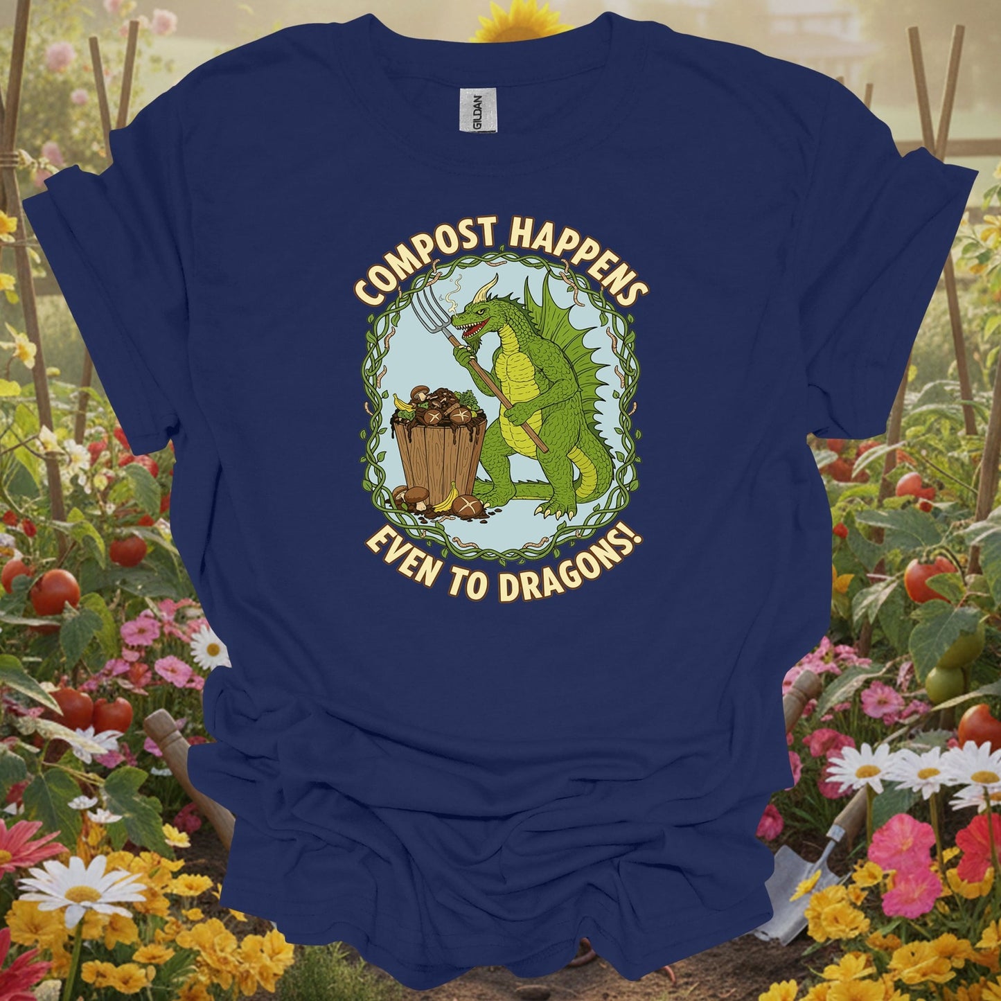 Navy tshirt showing a charming garden dragon who represents the protective and patient spirit required for a successful composting project for square foot gardeners optimizing limited space