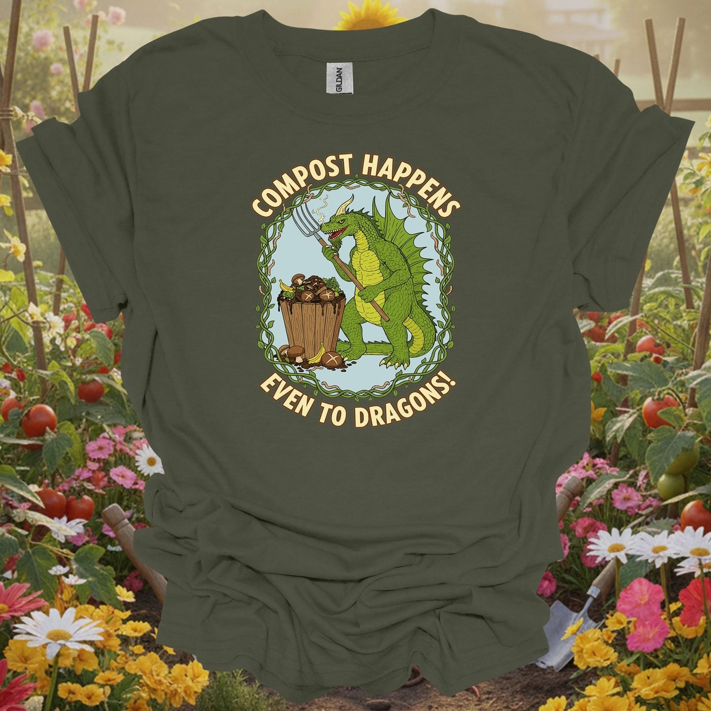 Military green tshirt showing a charming garden dragon who represents the protective and patient spirit required for a successful composting project for square foot gardeners optimizing limited space