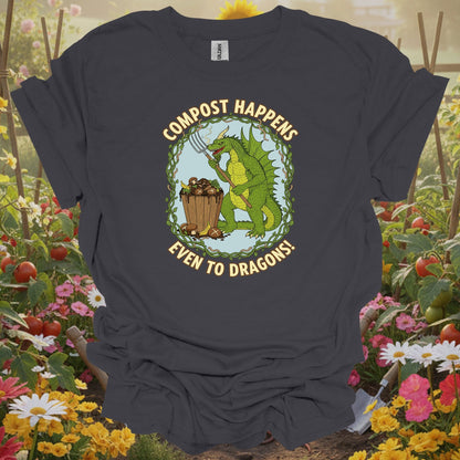 Charcoal tshirt showing a charming garden dragon who represents the protective and patient spirit required for a successful composting project for square foot gardeners optimizing limited space