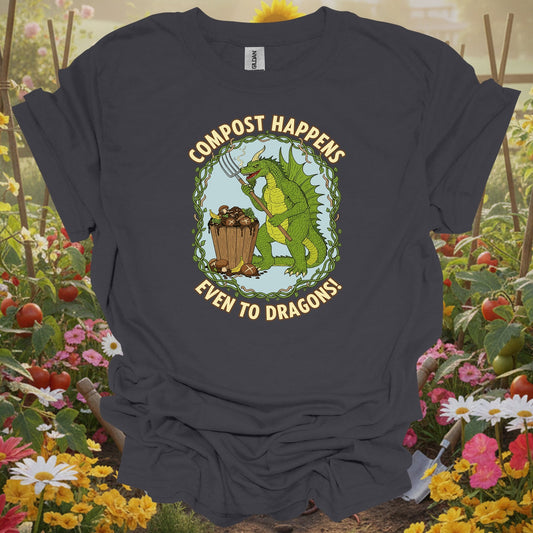 Charcoal tshirt showing a charming garden dragon who represents the protective and patient spirit required for a successful composting project for square foot gardeners optimizing limited space