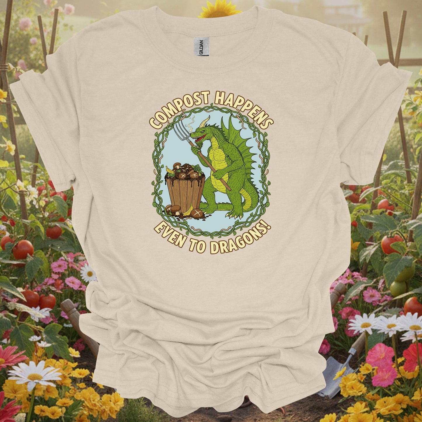 Natural tshirt showing a charming garden dragon who represents the protective and patient spirit required for a successful composting project for square foot gardeners optimizing limited space