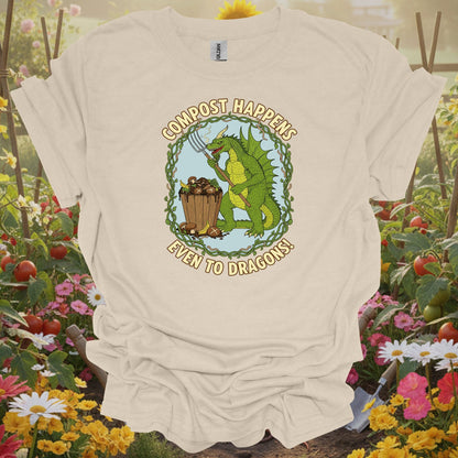 Natural tshirt showing a charming garden dragon who represents the protective and patient spirit required for a successful composting project for square foot gardeners optimizing limited space