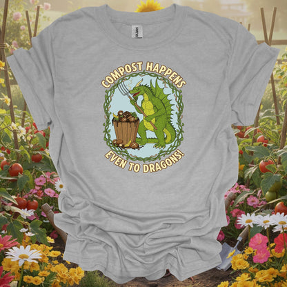Sport gray tshirt showing a charming garden dragon who represents the protective and patient spirit required for a successful composting project for square foot gardeners optimizing limited space