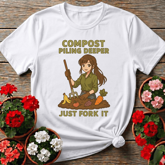 White cottagecore anime gardening shirt "Compost Piling Deeper Just Fork It" for sustainable gardeners