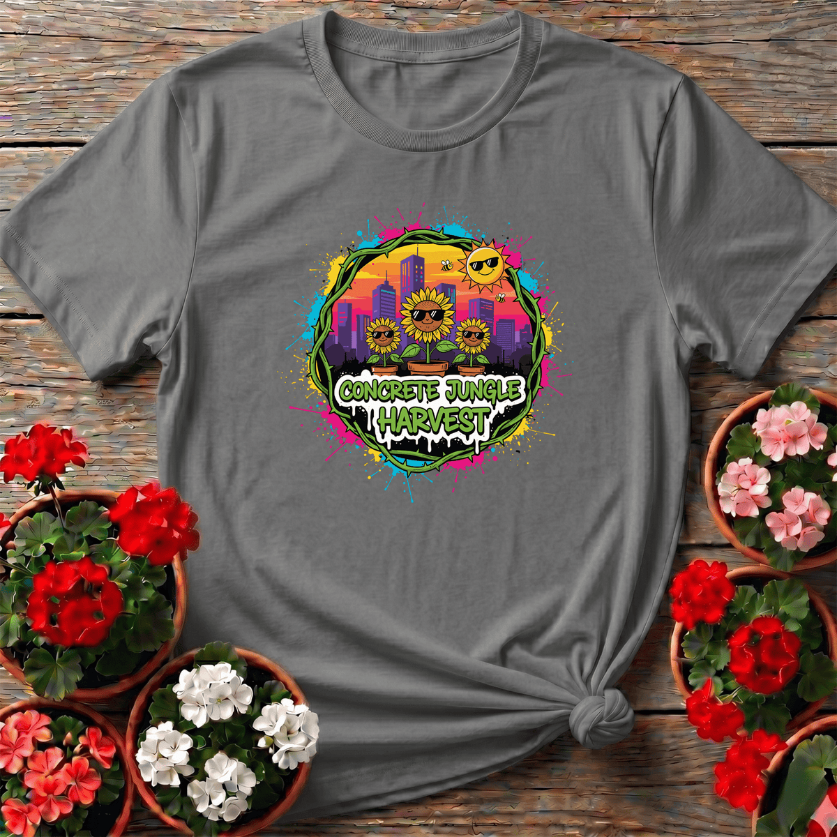Sport Gray vibrant street art gardening shirt "Concrete Jungle Harvest" for apartment gardeners