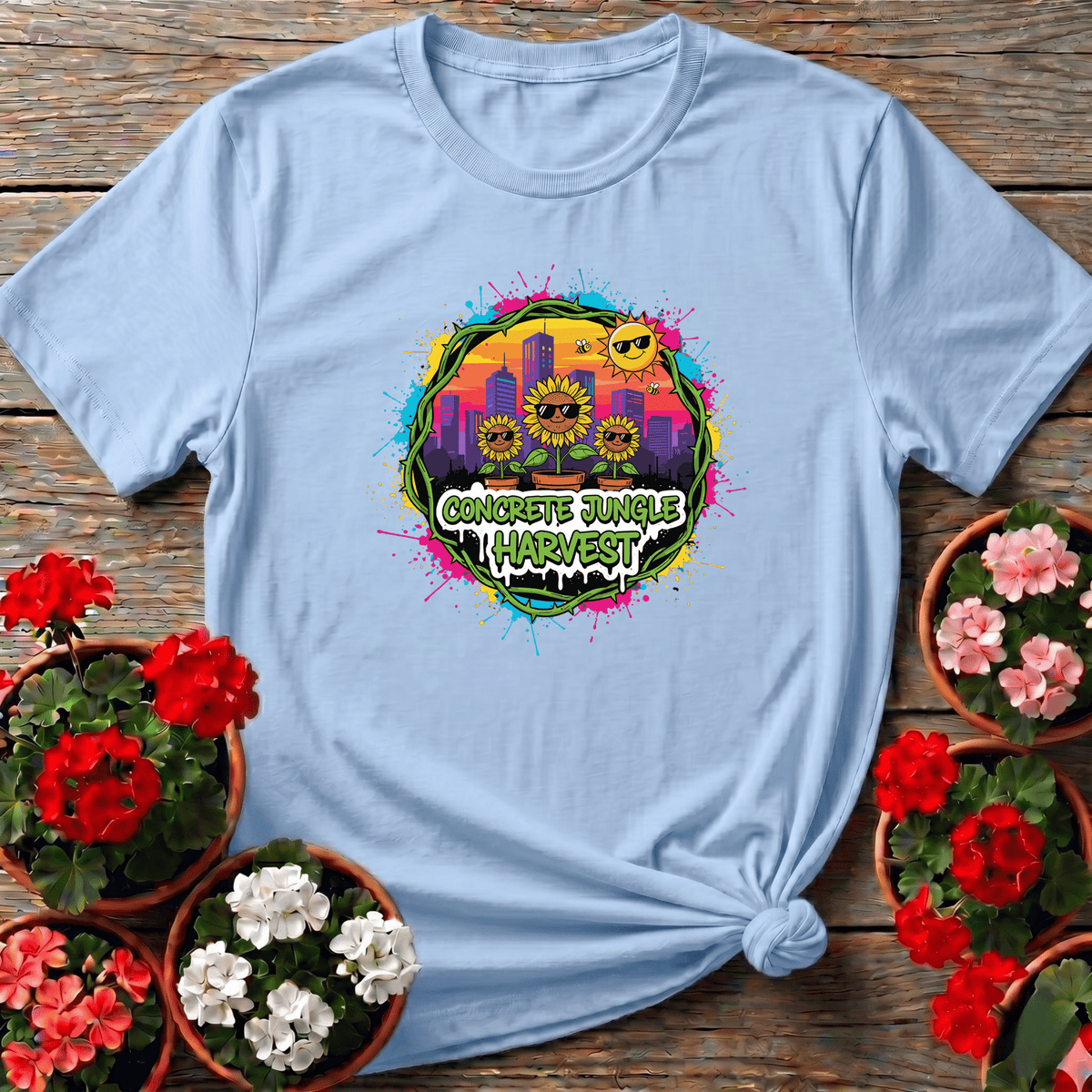 Light Blue bright pop-art urban harvest tee "Concrete Jungle Harvest" for community garden lovers