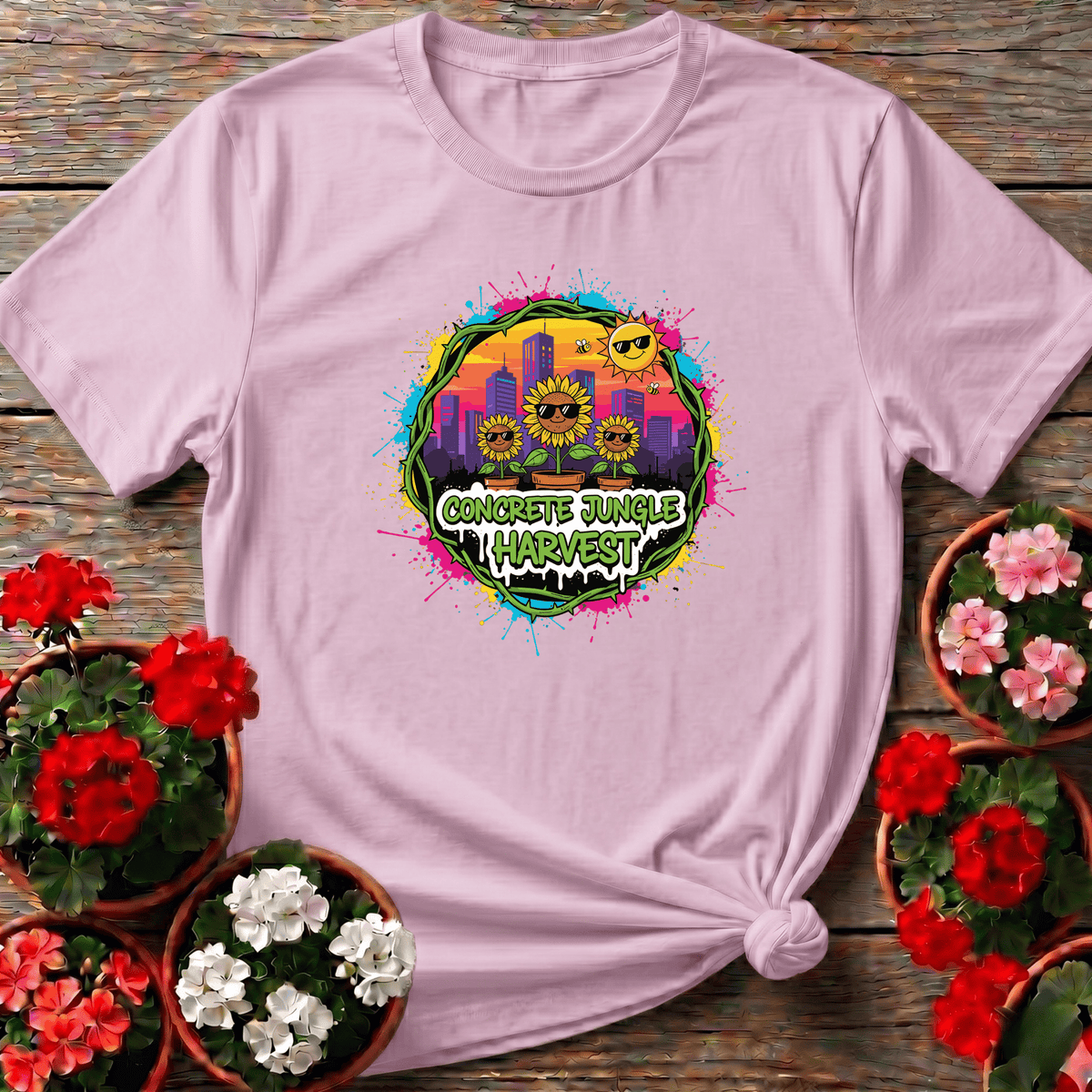 Light Pink colorful street art sunflower shirt "Concrete Jungle Harvest" for urban garden lovers