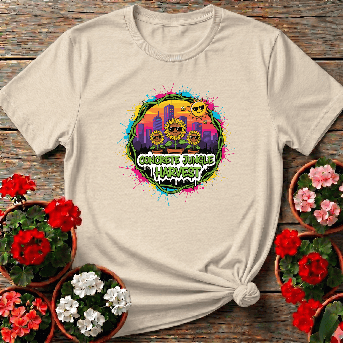 Natural cartoon mural urban gardening tee "Concrete Jungle Harvest" for city plant enthusiasts