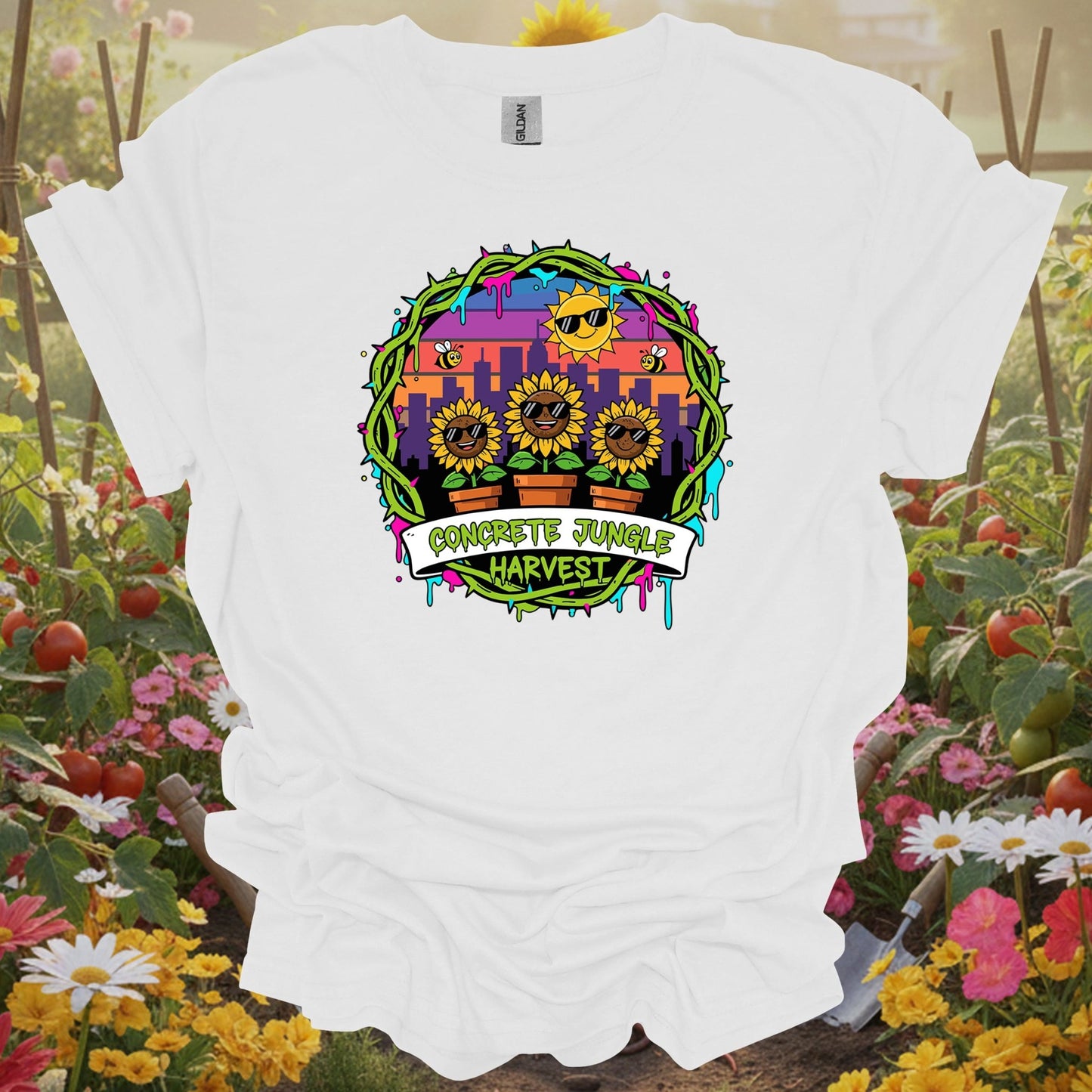 Concrete Jungle Harvest Urban Gardening Sunflower T-Shirt - GardeningTshirts