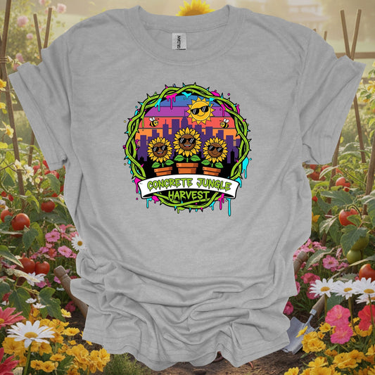 Sport Gray T-shirt with a detailed city skyline illustration perfect for urban gardeners and modern art fans alike.
