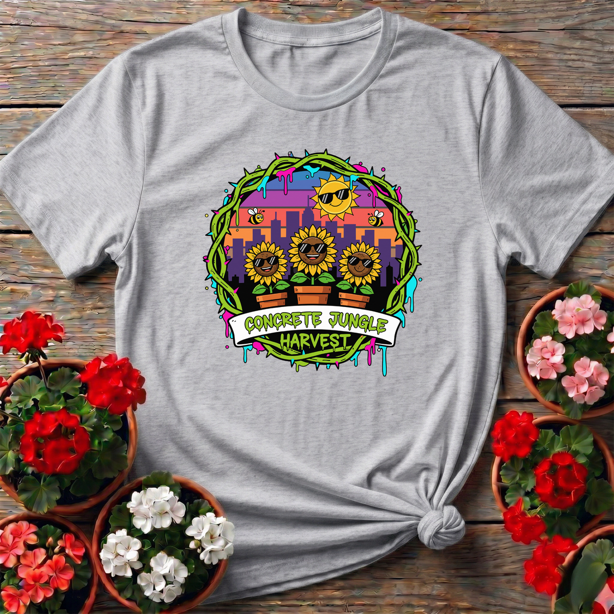 Concrete Jungle Harvest Urban Sunflower T-shirt - GardeningTshirts
