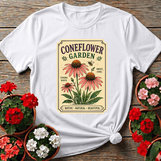 White cottagecore botanical coneflower shirt "Native Natural Beautiful" for wildflower and pollinator gardeners
