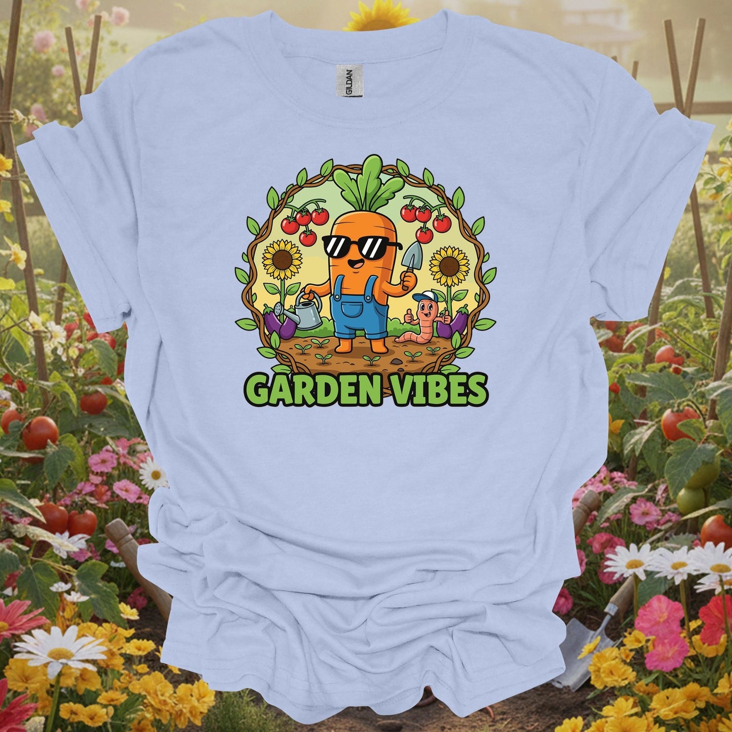 Light blue shirt showing cool carrot garden vibes cartoon t shirt for home gardeners