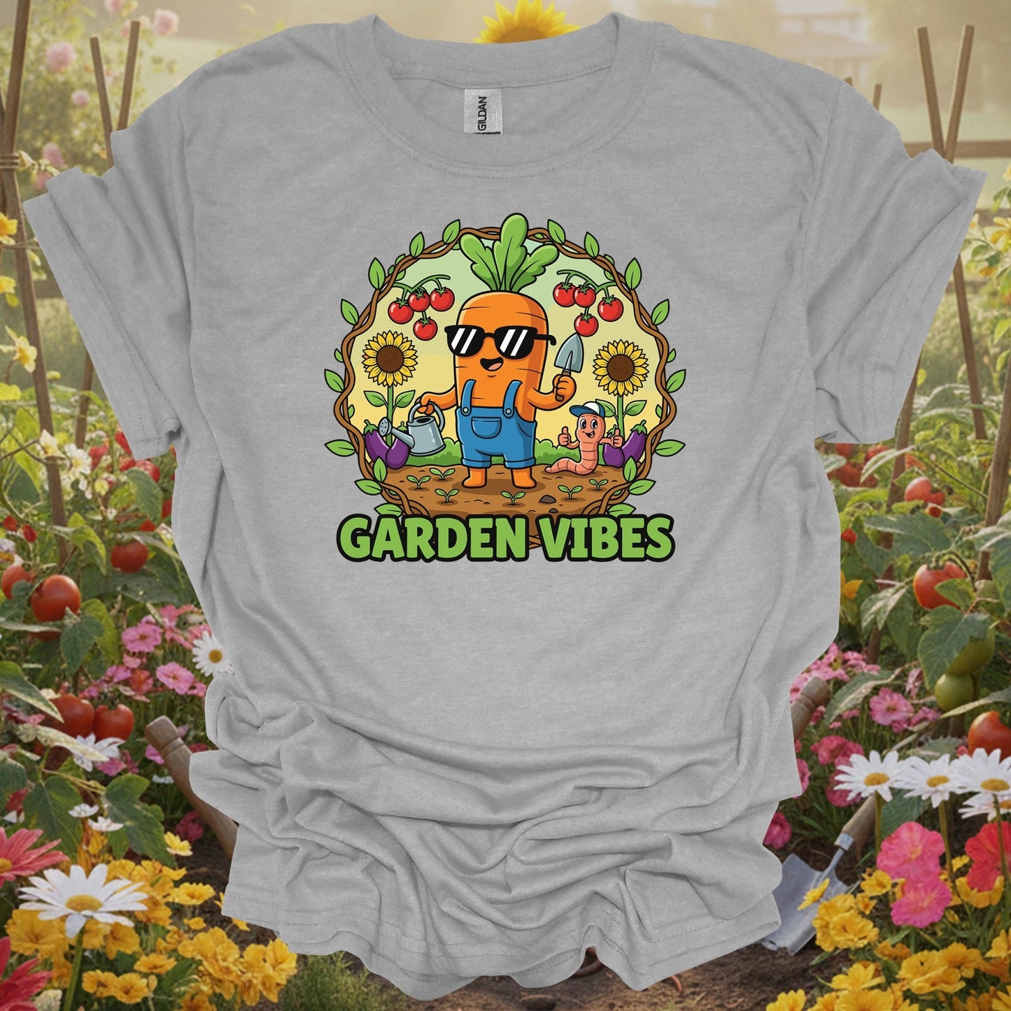 Sport Grey tshirt showing cool carrot garden vibes cartoon t shirt for backyard growers