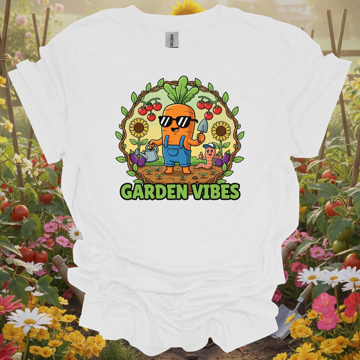 White tee showing cool carrot garden vibes cartoon t shirt for garden hobbyists