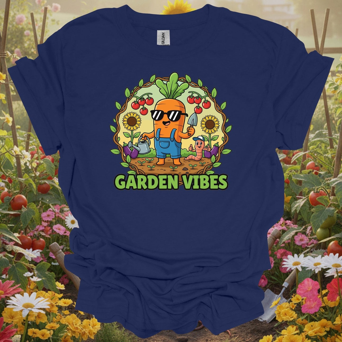 Navy top showing cool carrot garden vibes cartoon t shirt for green thumb folks