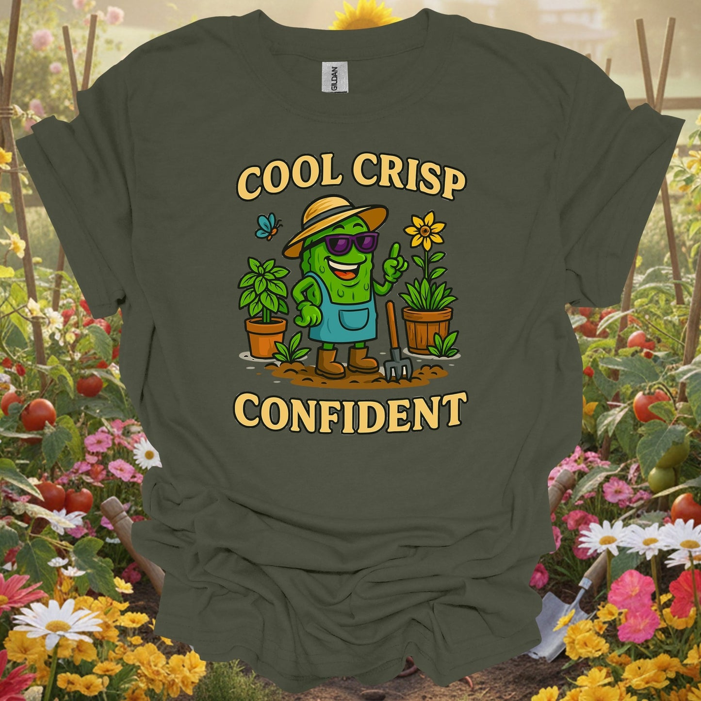 Military Green top showing cool crisp confident funny pickle t shirt for nature lovers