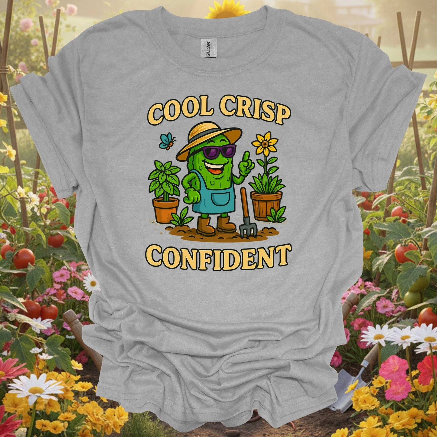 Sport Grey tshirt showing cool crisp confident funny pickle t shirt for backyard growers