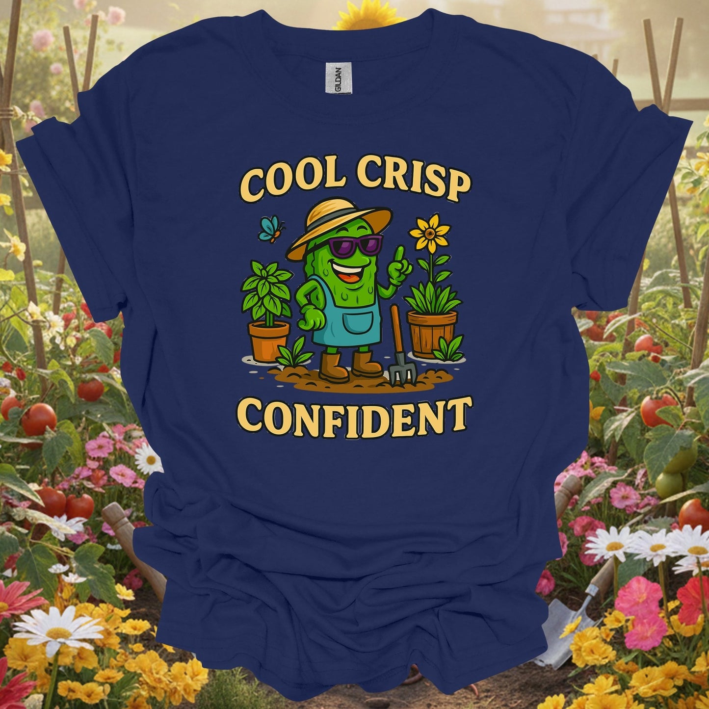 Navy shirt showing cool crisp confident funny pickle t shirt for home gardeners
