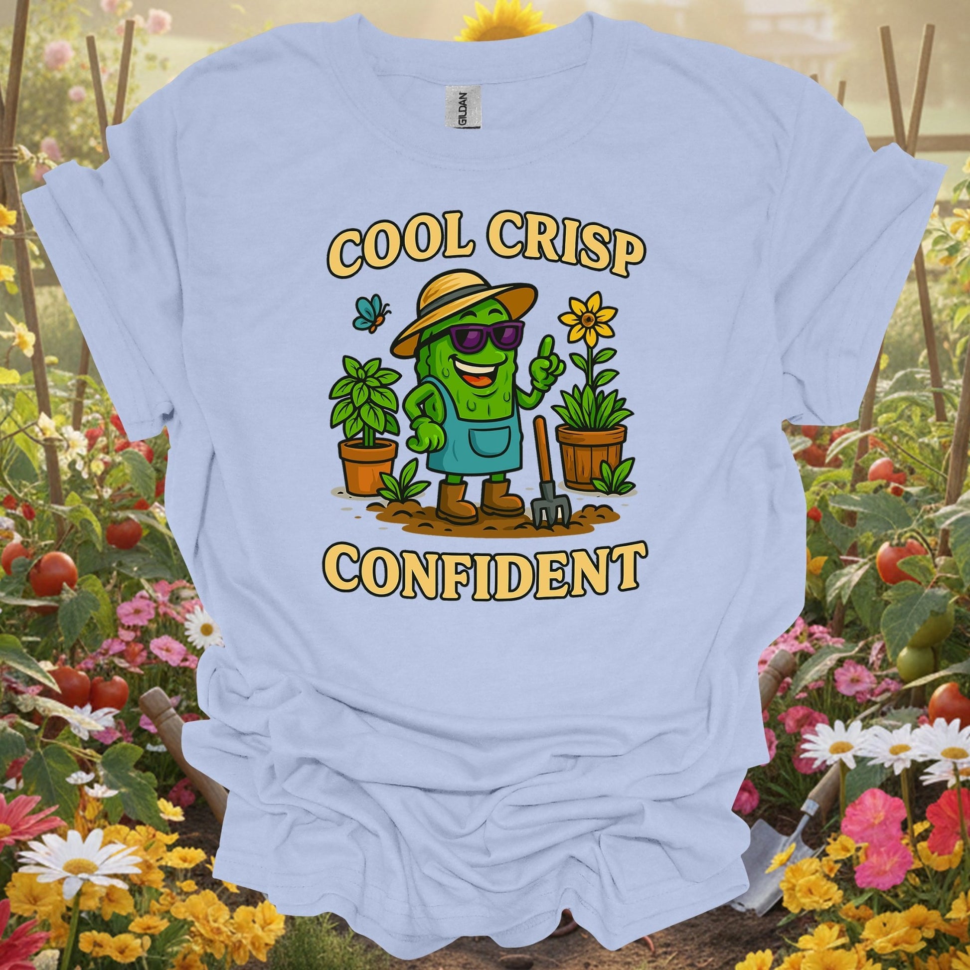 Light Blue tee showing cool crisp confident funny pickle t shirt for plant lovers