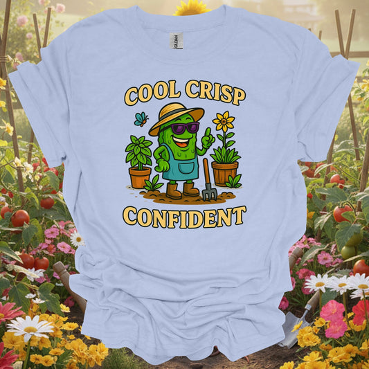 Light Blue tee showing cool crisp confident funny pickle t shirt for plant lovers