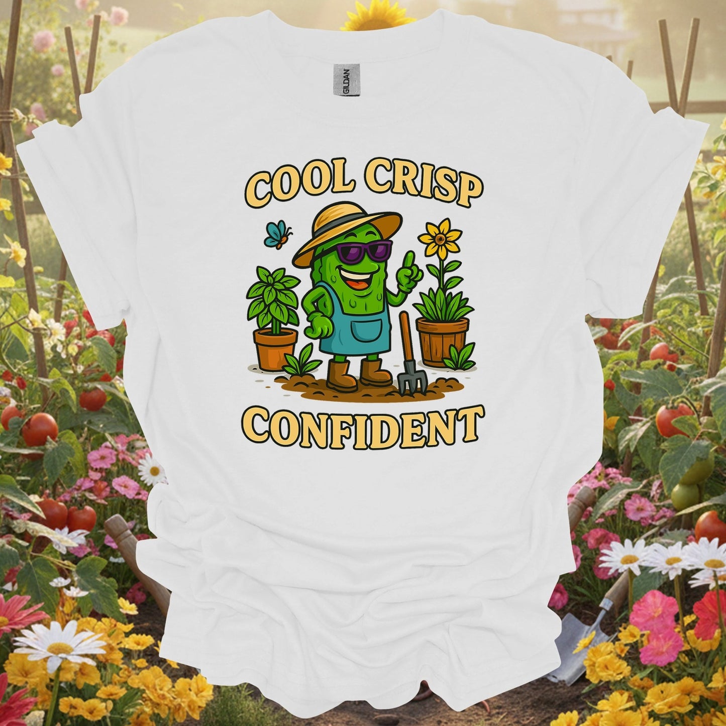 White tee showing cool crisp confident funny pickle t shirt for garden hobbyists