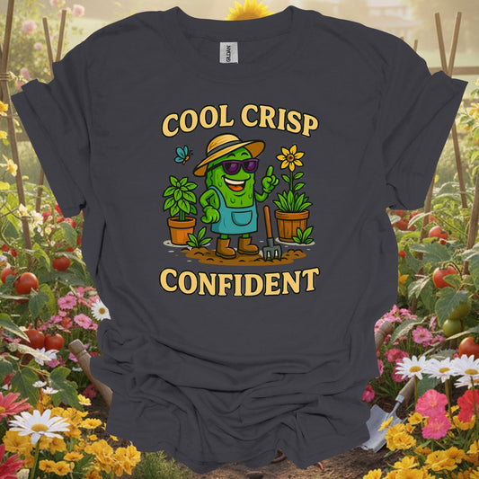 Charcoal tshirt showing cool crisp confident funny pickle t shirt for gardening enthusiasts