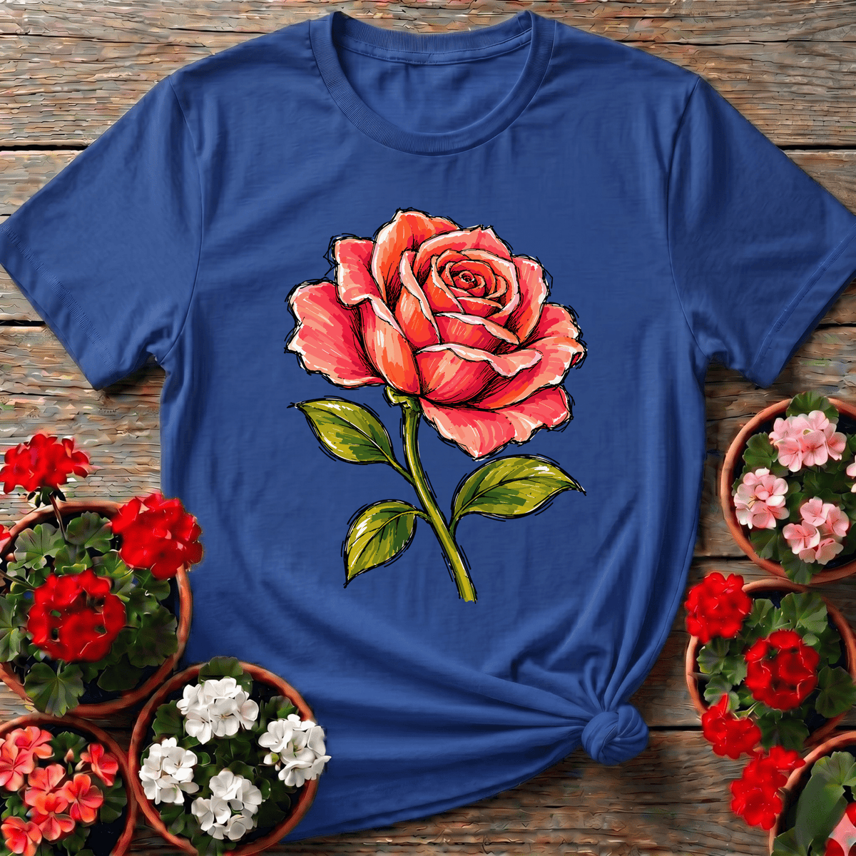 Royal artisan sketch floral t-shirt featuring a coral garden rose for dedicated flower gardeners