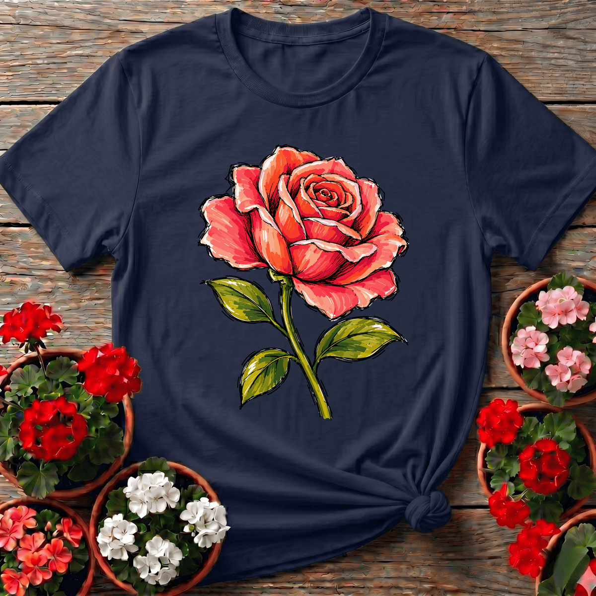 Navy vintage botanical rose gardening tee with marker style linework for patient rose growers