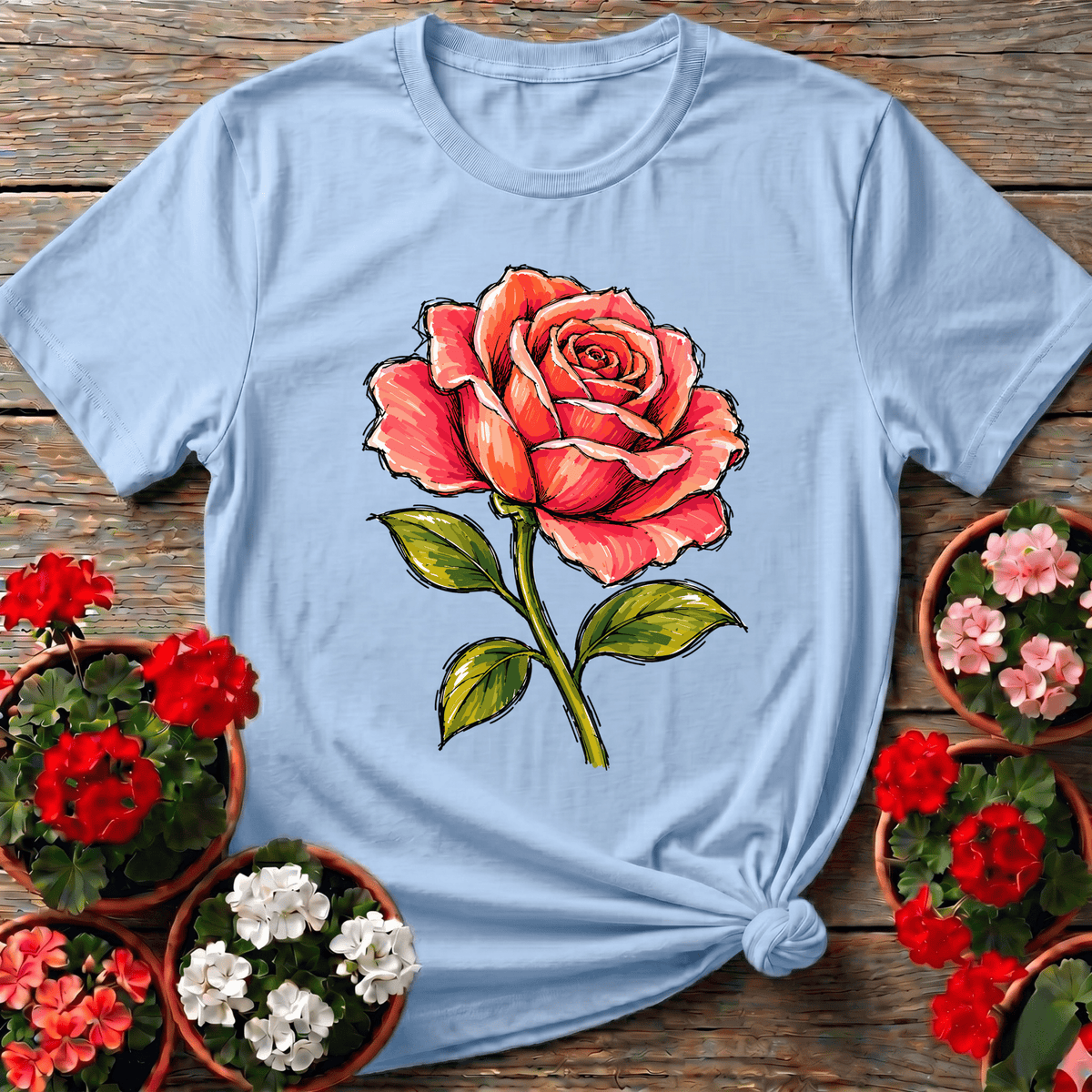 Light Blue soft romantic rose marker style gardening tee for sketchbook gardeners and flower enthusiasts