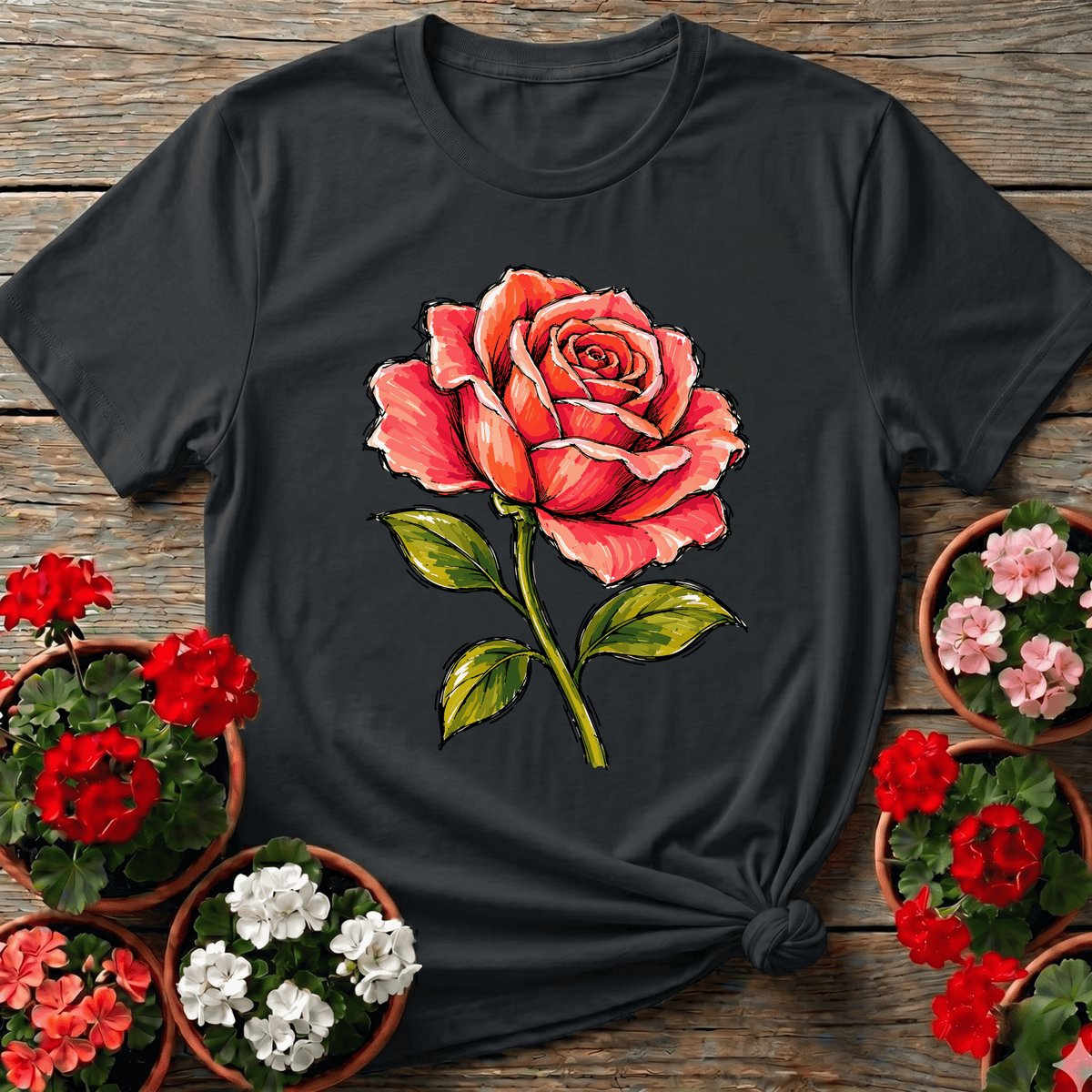 Black marker style botanical rose gardening tee for cottagecore rose growers and garden journal keepers