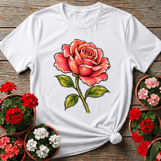 White hand-drawn coral rose illustration shirt for romantic gardeners and flower lovers