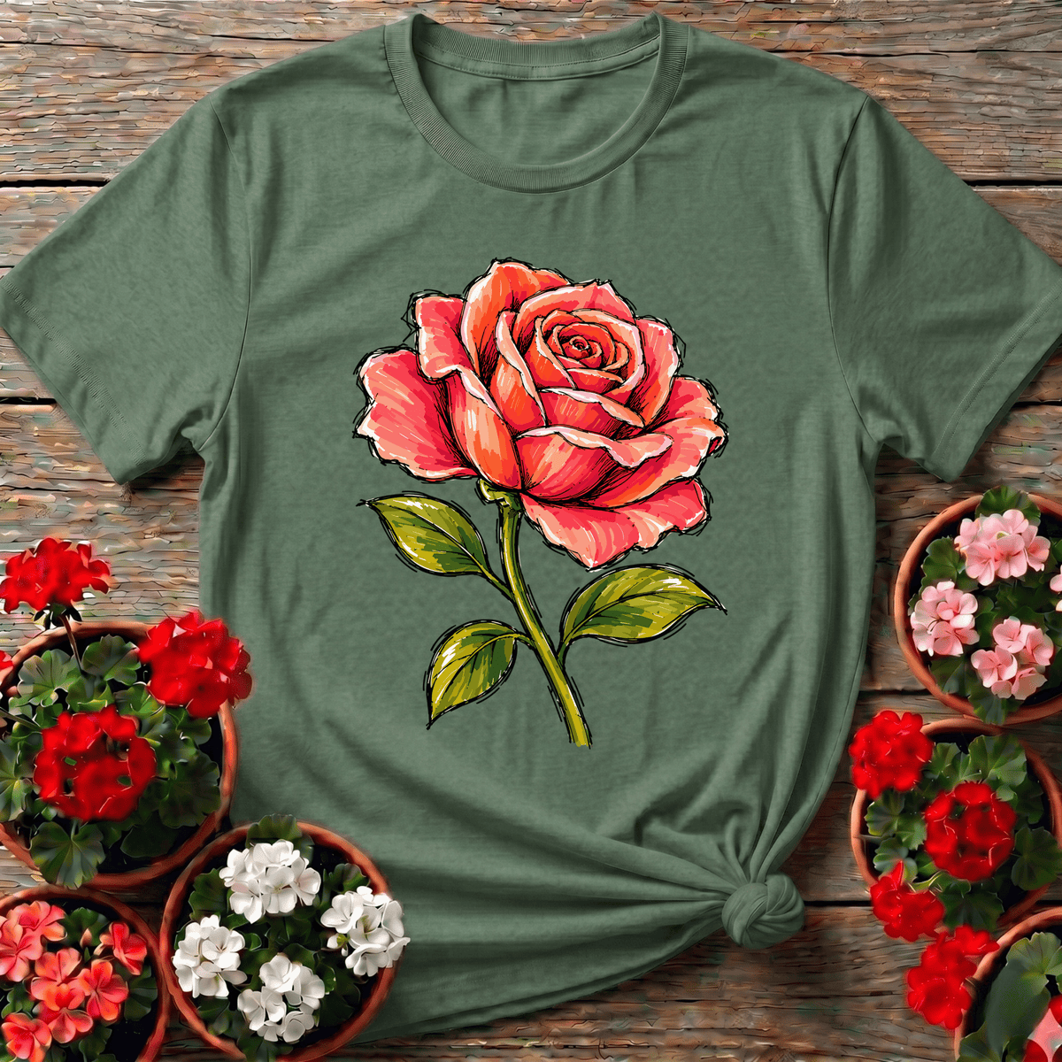 Military Green hand-drawn botanical rose apparel with coral and blush tones for garden journal lovers
